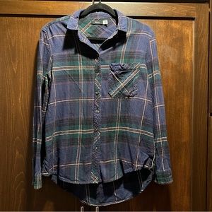 BDG Button Down Flannel Navy Blue, Forest Green & Maroon Plaid Shirt Size S